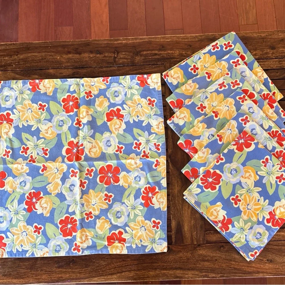 Xochi Cotton Napkins 19 X 19 Floral Blue‎ Cottage Table Dining French Country X8
